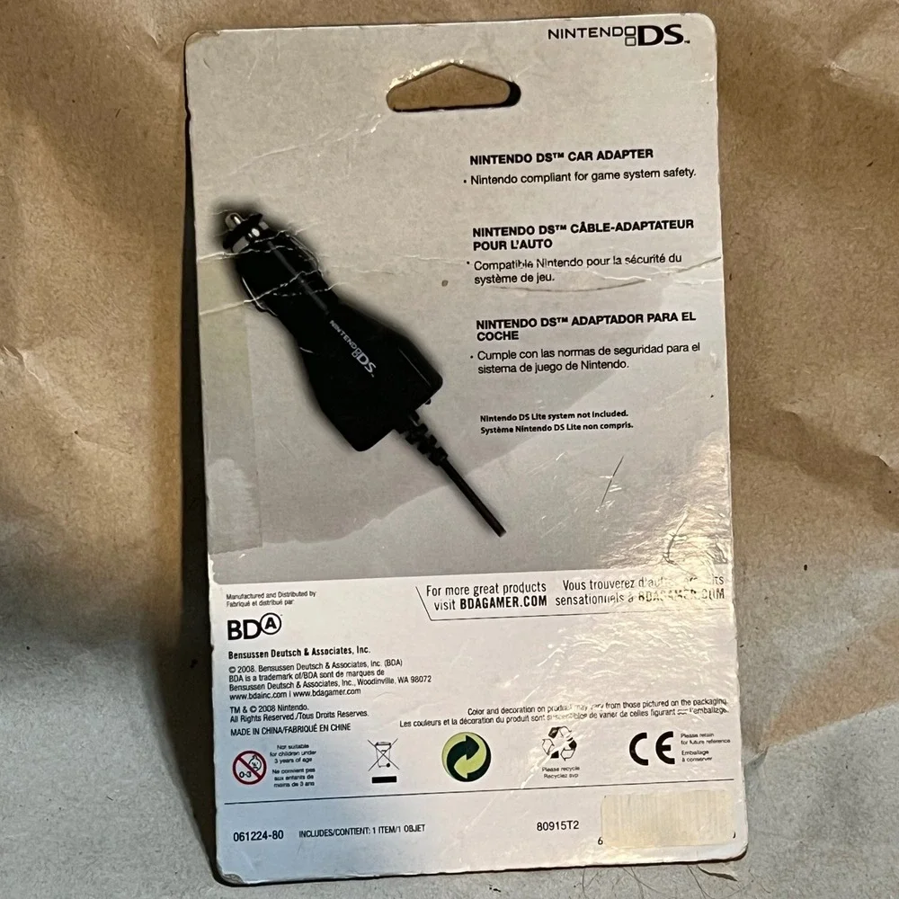 Nintendo DS Car Adapter Black Official BDA Licensed Power Charger‎ New Sealed